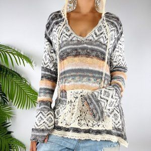 Vintage Lace Crochet Boho Cottagecore Striped Aztec Hippie Hooded Sweater / L